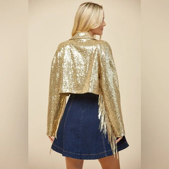 62B. Fringe Sequin Crop Jacket - Gold